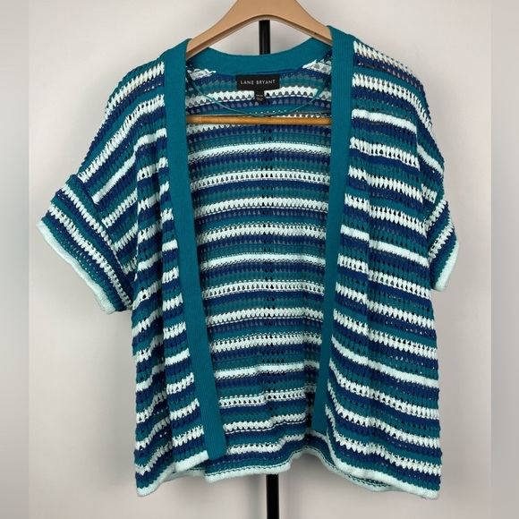 Lane Bryant Blue Striped Short Sleeve Cropped Crochet Knit Open Front Cardigan - Picture 2 of 6